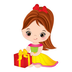 Vector Cute Little Girl with Gift Box