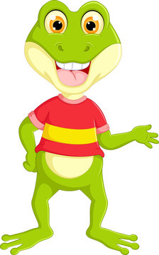 funny frog cartoon standing with waving