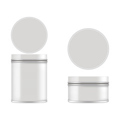 Mock up of round metal tin can for gift. Vector isolated on white background