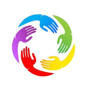 Diverse colorful hands coming together, vector icon