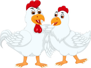 loving chicken couple cartoon hugging with smile