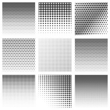Halftone dots vector textures. Dot comic pattern set or points rasters isolated on white background