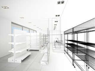 sketch design of supermarket ,3d  rendering