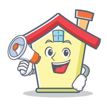 With Megaphone House Character Cartoon Style