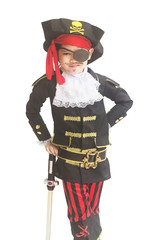 Asian boy smiling in pirate costume isolated over white