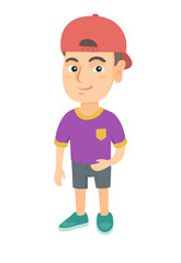 Smiling little caucasian kid boy in a ball cap. Full length of happy smiling boy in a ball cap. Vector sketch cartoon illustration isolated on white background.