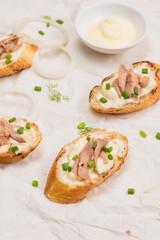 Italian cuisine. Bruschetta with tuna, onion, and mayonnaise.