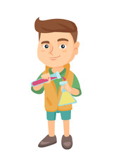 Caucasian schoolboy pouring liquid from a tube and into a flask. Schoolboy making an experiment with a test tube and a flask. Vector sketch cartoon illustration isolated on white background.
