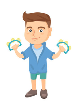 Little caucasian boy playing the tambourine. Full length of happy boy with two tambourines in hands. Vector sketch cartoon illustration isolated on white background.