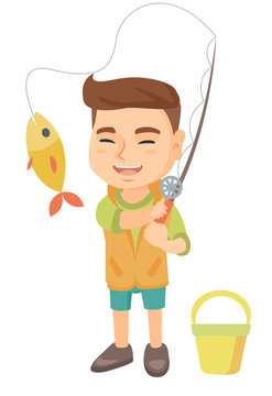 Cheerful caucasian little boy fishing. Smiling boy standing near the bucket for fish and holding fishing rod with fish on a hook. Vector sketch cartoon illustration isolated on white background.