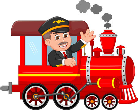 handsome machinist cartoon up train with thumb up