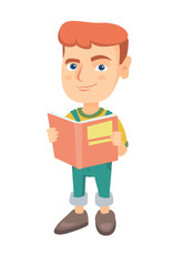 Little caucasian schoolboy reading a book. Smiling schoolboy holding a story book in hands. Concept of education. Vector sketch cartoon illustration isolated on white background.