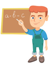 Happy caucasian schoolboy writing mathematical formula on the classroom blackboard. Smiling schoolboy writing on blackboard with chalk. Vector sketch cartoon illustration isolated on white background.