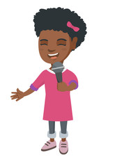 African-american little girl singing into a microphone. Smiling happy girl singing with a microphone. Girl holding a microphone. Vector sketch cartoon illustration isolated on white background.