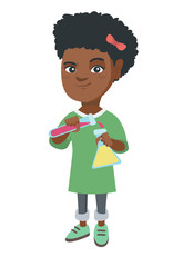 African-american girl pouring liquid from a tube and into a flask. Girl making an experiment with a test tube and a flask. Vector sketch cartoon illustration isolated on white background.