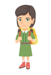Little caucasian sad schoolgirl carrying a backpack. Full length of upset schoolgirl with backpack. Vector sketch cartoon illustration isolated on white background.