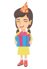 Caucasian happy smiling girl in birthday cap holding gift box. Full length of cheerful little girl with gift box. Vector sketch cartoon illustration isolated on white background.