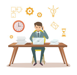 Busy manager work with documents. Young businessman sit at office table and work on laptop. Effective working and time organization, corporate business vector illustration in flat style.