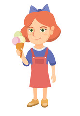 Little caucasian girl holding an ice cream cone. Cheerful girl eating a delicious ice cream cone. Vector sketch cartoon illustration isolated on white background.