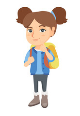 Thoughtful little girl thinking and holding finger on her chin. Caucasian little girl with school bag thinking. Vector sketch cartoon illustration isolated on white background.