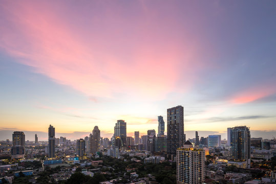 Bangkok city - beautiful sunset long exposure light, cityscape at night  , landscape Bangkok Thailand