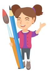 Smiling caucasian girl holding big pencil and paintbrush. Full length of happy laughing girl with huge pencil and paintbrush. Vector sketch cartoon illustration isolated on white background.