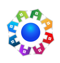 Teamwork real estate houses around globe, icon vector logo