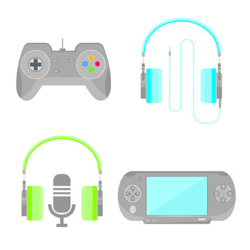 gamer headphones, gamepad and console