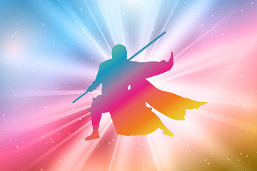Naklejka premium Kung Fu Master Silhouettes, Colorful, Rainbow 