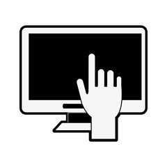 hand touching computer monitor with blank screen icon image vector illustration design  black and white