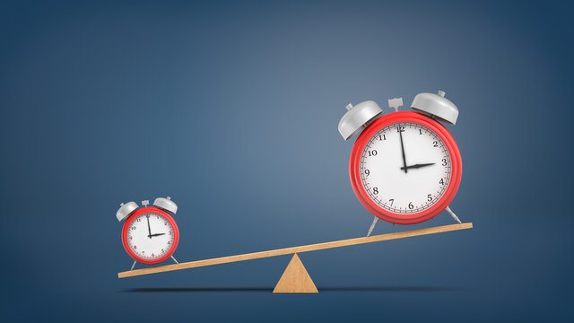 3d rendering of a seesaw with a heavier small red alarm clock and a lighter big clock on dark blue background.
