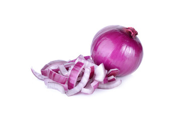 whole and cut fresh shallot or red onion on white background