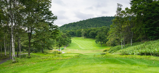 Obraz premium Golf Course where the turf is beautiful and green in Hokkaido, Japan. Golf is a sport to play on the turf 