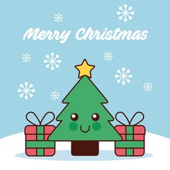 merry christmas kawaii tree pine and gifts snow