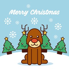 merry christmas cute reindeer sitting trees snowflake cartoon