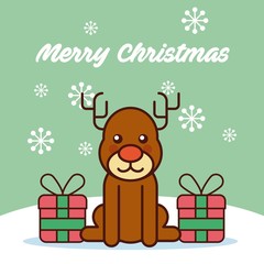 merry christmas cute reindeer sitting in snow with gifts box