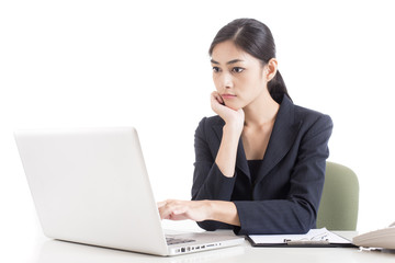 Woman looking in Computer with Serious Emotion, Isolated on white background, woman working concept.