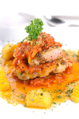 Grilled pork steak in white dish serve