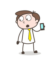 Cartoon Salesman Showing a Smartphone and Its Features Vector Concept