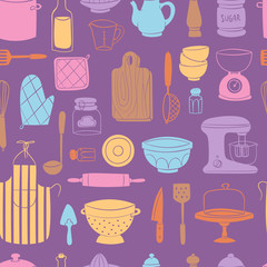 Kitchen utensils food kitchenware cooking set domestic tableware vector illustration seamless pattern background