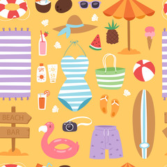 Summer fashion beach sea time swimsuit clothes and accessories vector illustration seamless pattern background