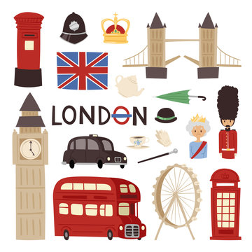 London travel icons english set city flag europe culture britain tourism england traditional vector illustration.
