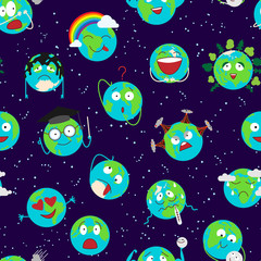 Cartoon globe earth emotion face character expression planet world vector illustration seamless pattern background