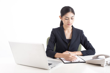 Asian Woman using laptop for work with attractive smiling, Woman working concept, Isolated on white background.