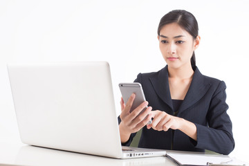 Asian Woman using smartphone for work, Woman working concept, Isolated on white background.