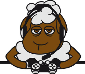 gamer konsole controller zocken spielen computerspiel videospiel headset nerd geek gelangweilt müde lamm baby lustig klein süß niedlich comic cartoon schaf ziege wolle bauer bock müde cool