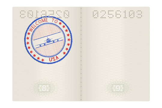 Welcome to USA colored stamp on passport pages