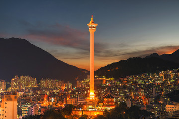 Busan city skylight and Busan tower at night in Korea.