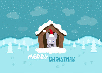 Christmas background. Cute dog with a santa hat. Winter landscape.