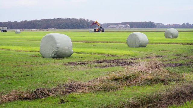 grabbing a plastic wrapped hay bale